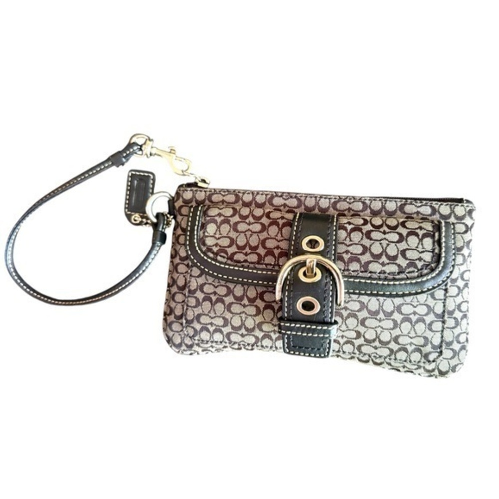 Coach F40585 Signature Silver Black Buckle Clutch Wristlet Wallet Clutch